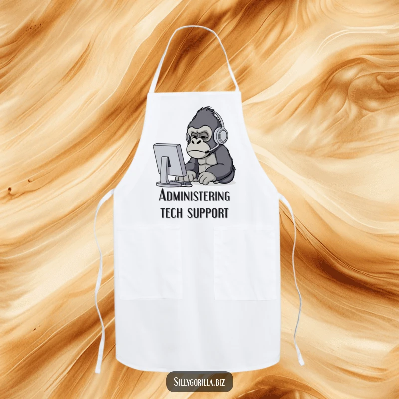 Funny confused gorilla wearing headset in kitchen, cooking apron, office humor, relatable tech frustration.