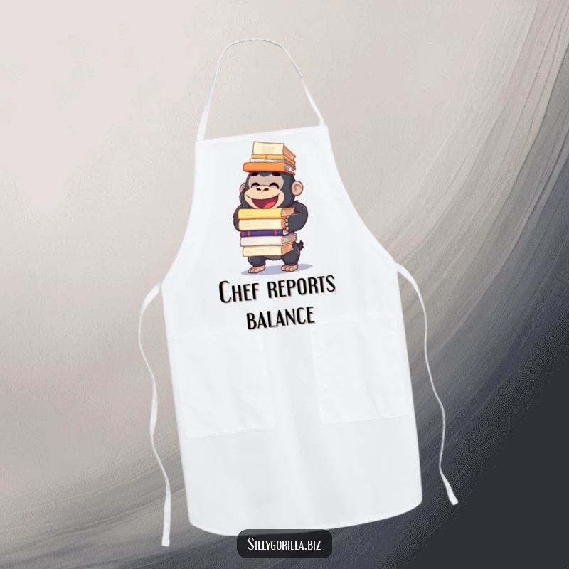 Funny apron showing a happy gorilla character balancing a huge stack of reports, bringing humorous flair to kitchen tasks and cooking.