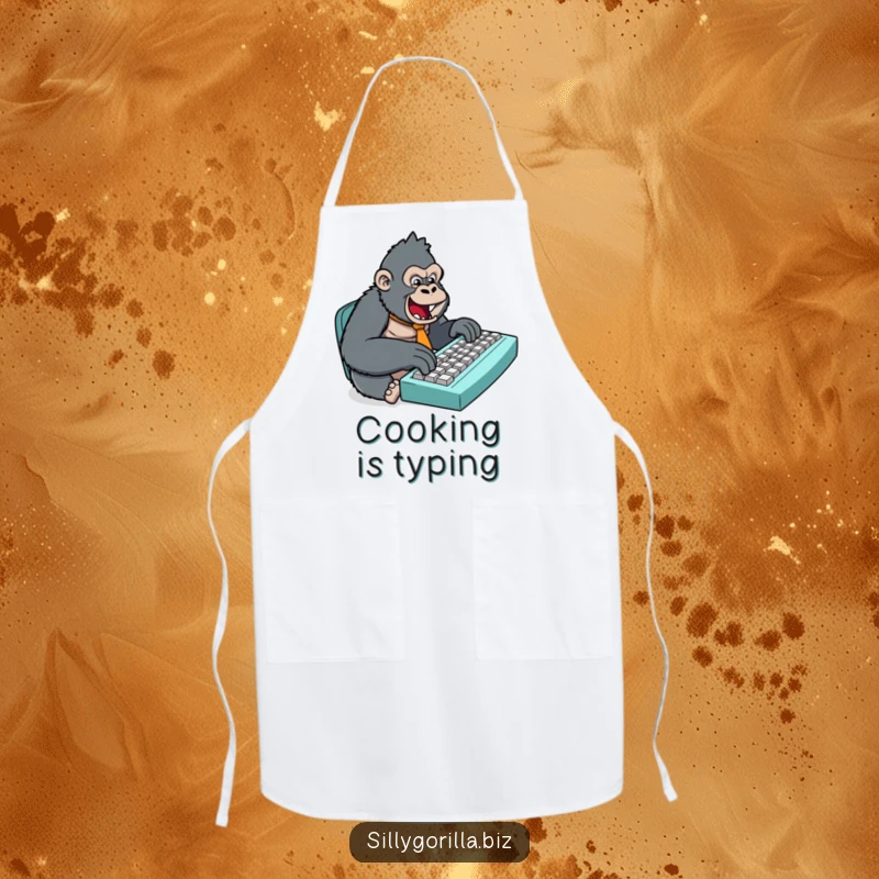 Funny apron with a stylized gorilla in a tiny tie, typing on a huge keyboard, bringing humorous flair to kitchen activities and cooking.