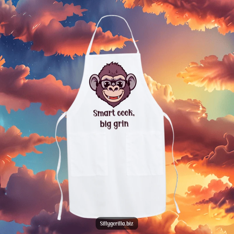 Funny apron with a stylized gorilla head wearing tiny spectacles and a wide smile, perfect for clever cooks who enjoy humor.