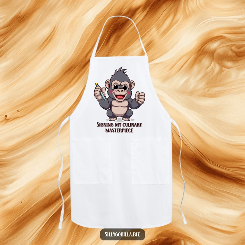 Funny apron with an excited gorilla character holding a pen, ready to sign, perfect for chefs who are decisive and love humor.
