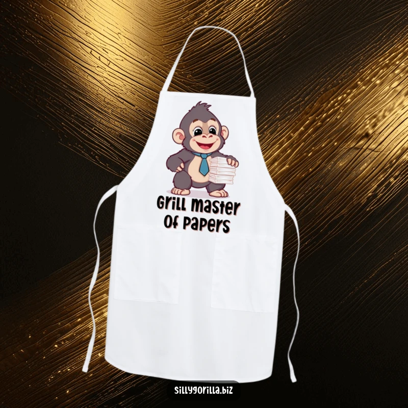 Funny apron with a happy gorilla wearing a tiny tie, balancing papers. Office humor kitchen accessory.