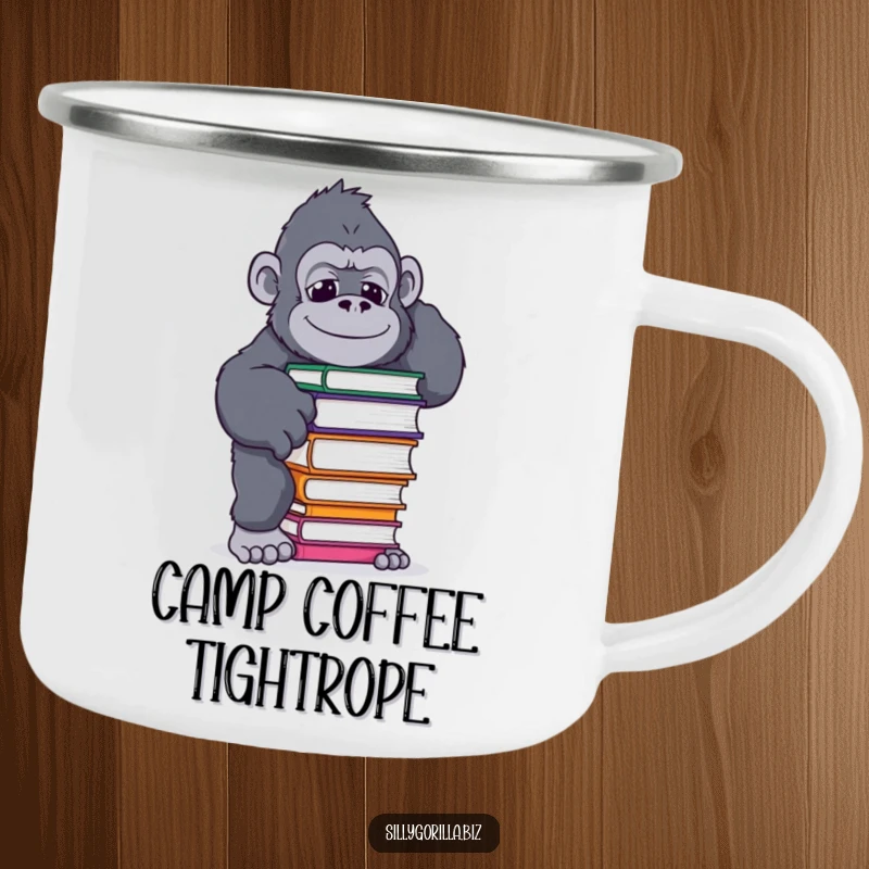 Funny camping mug featuring a gorilla in a funny pose balancing a coffee mug, perfect for outdoor adventures and humorous beverages.