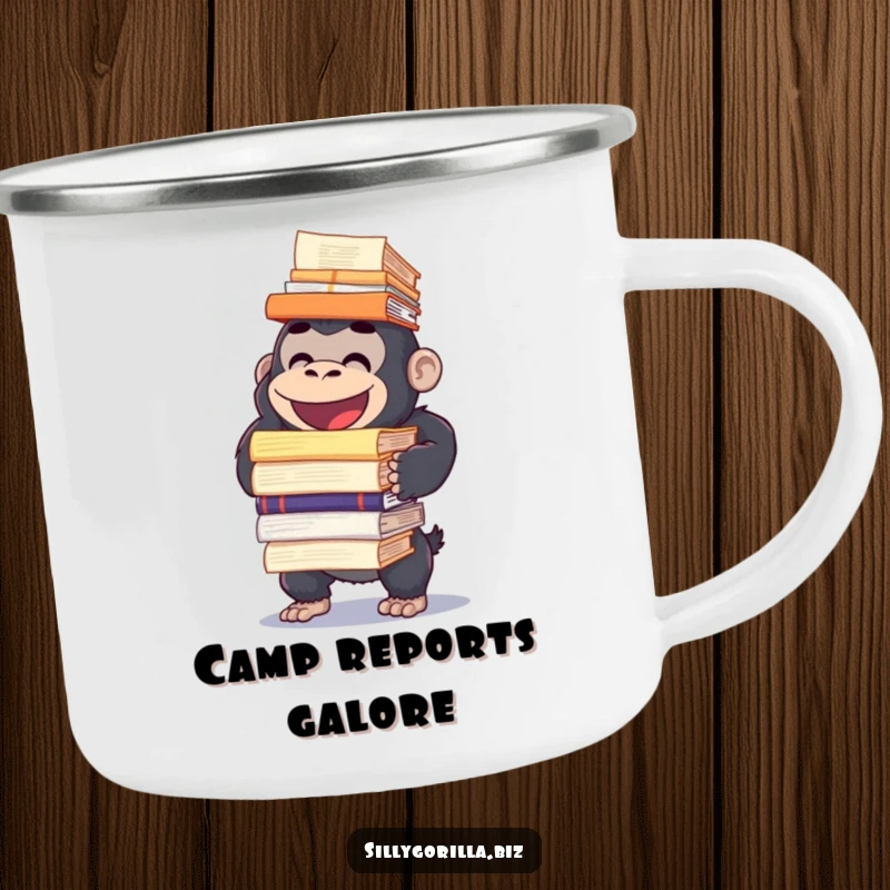 Funny camping mug with a happy gorilla character balancing a huge stack of reports, ideal for humorous outdoor adventures and travel.