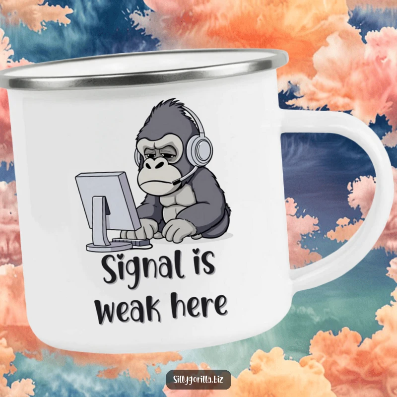 Funny gorilla wearing headset, squinting at computer, enamel camping mug, outdoor humor gift.