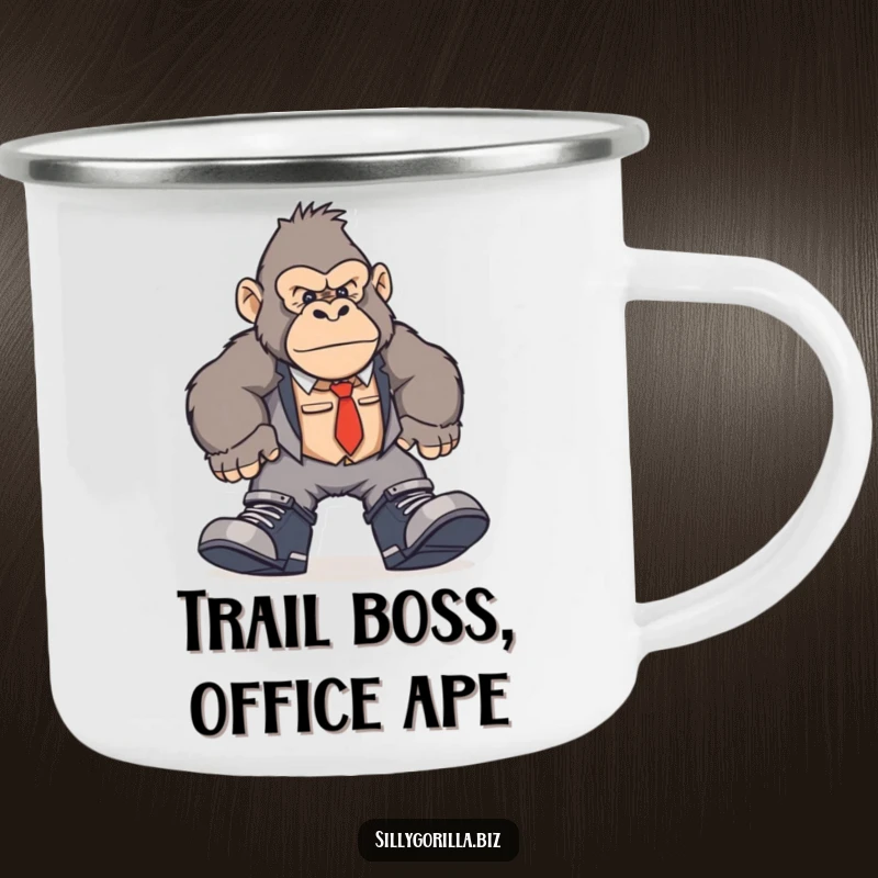 Funny gorilla camping mug featuring a character in oversized work shoes, humorously stomping through an office or outdoor setting.