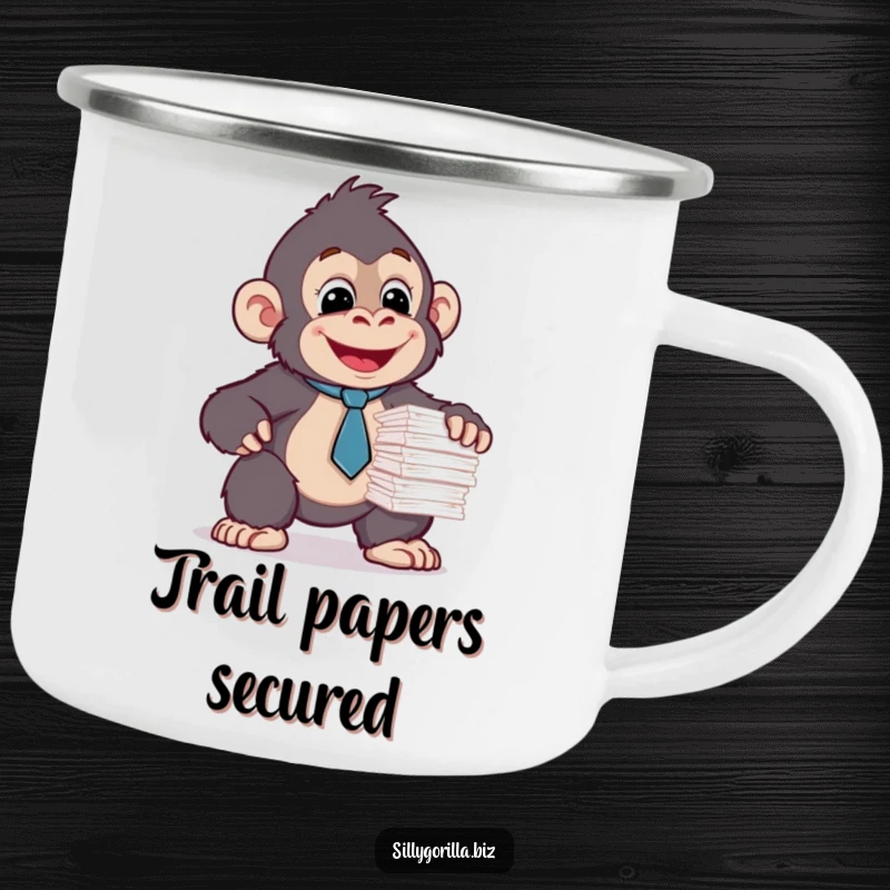 Funny, durable camping mug of a happy gorilla in a tie, balancing papers. Office humor outdoor.