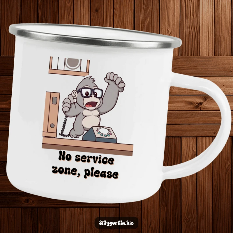 Funny gorilla with glasses, jumping from a ringing phone, enamel camping mug, outdoor humor gift.