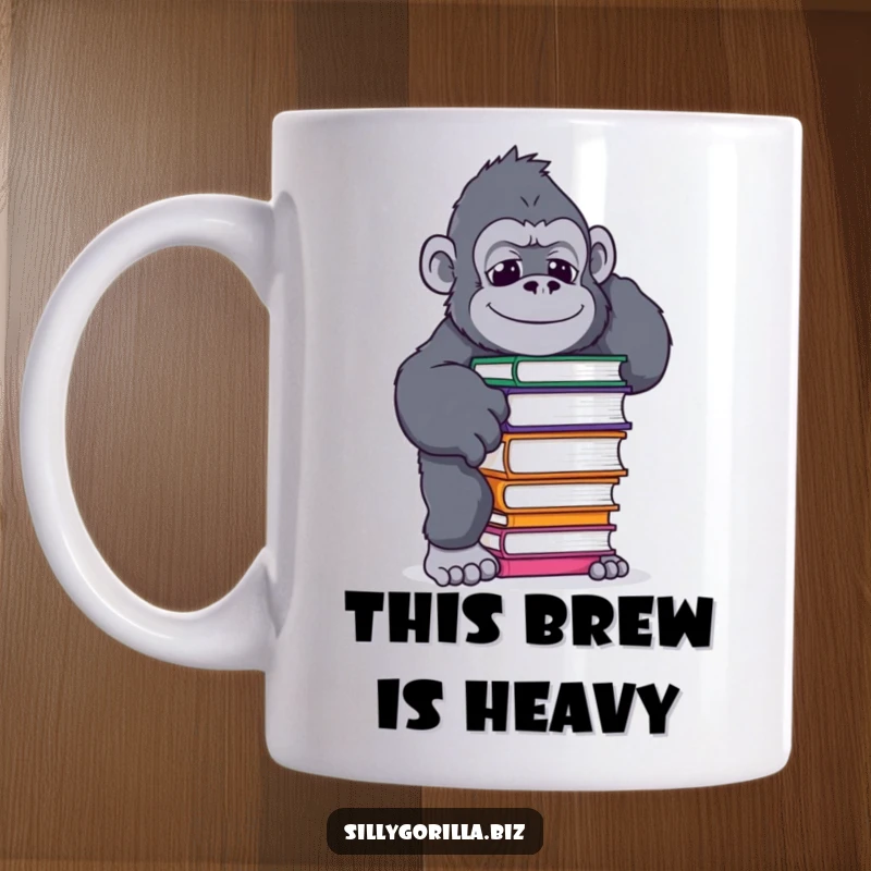 Funny coffee mug showing a gorilla in a funny, precarious pose attempting to balance a steaming coffee cup, full of playful chaos.