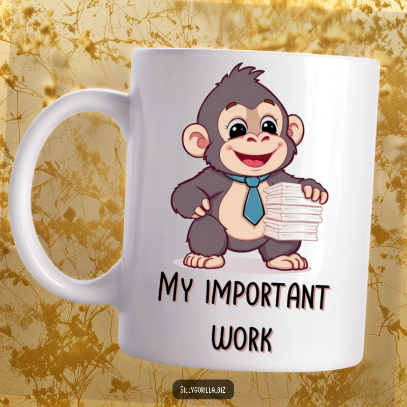 Funny happy gorilla wearing a tiny tie, attempting to balance a huge stack of papers on a mug. Office chaos.