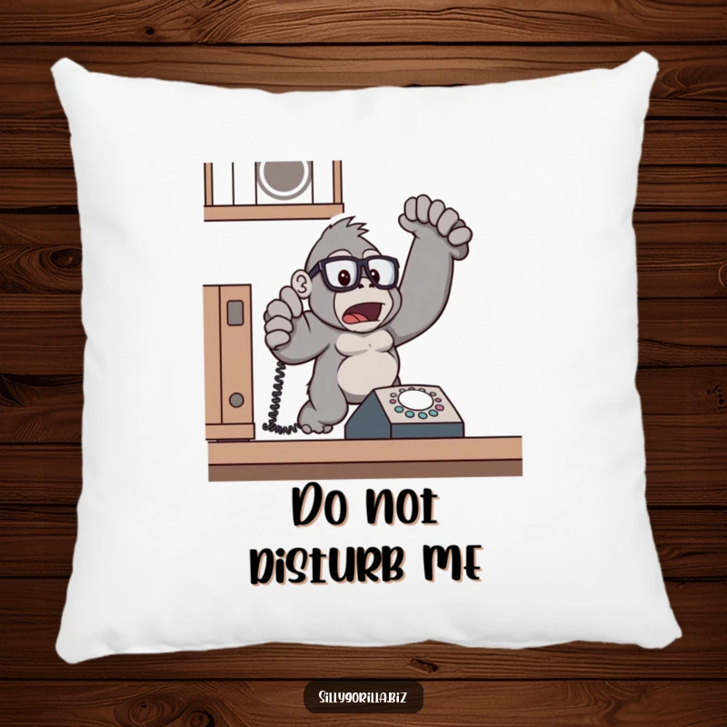 Funny gorilla wearing glasses, jumping from a ringing phone, soft pillow, humorous home decor.