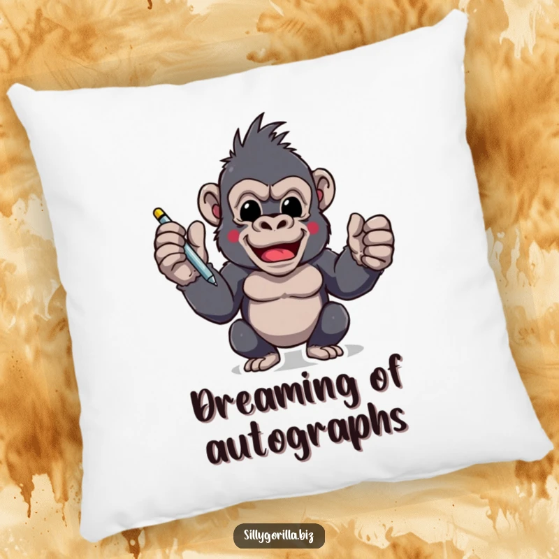 Funny pillow with an excited gorilla character holding a pen, ready to sign, offering comfort and motivational humor.