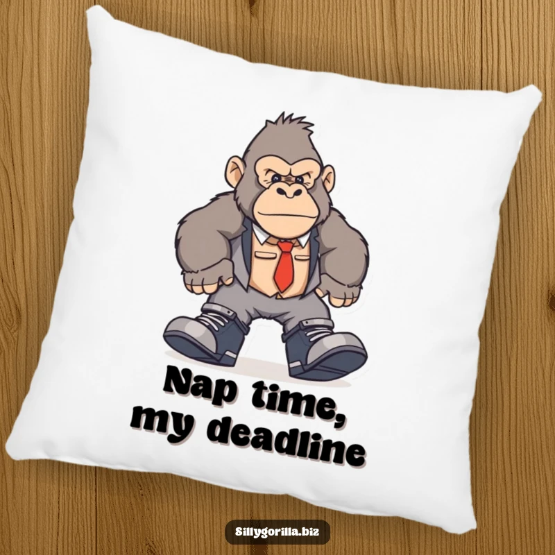 Funny gorilla pillow featuring a character in oversized work shoes, humorously stomping around an office setting.