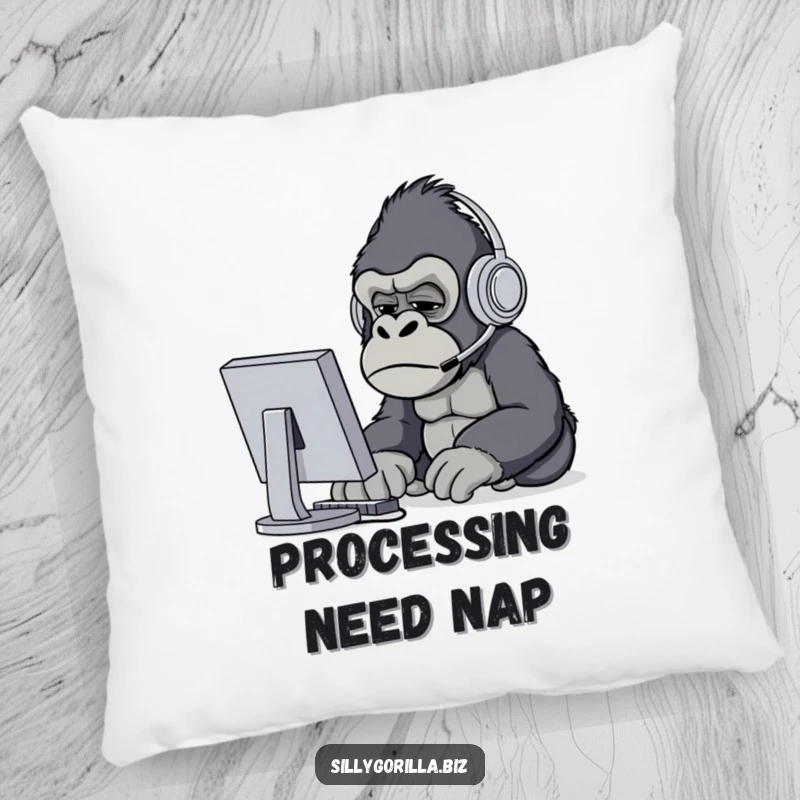 Funny gorilla wearing headset, squinting at computer, soft pillow for home decor, humorous tech art.