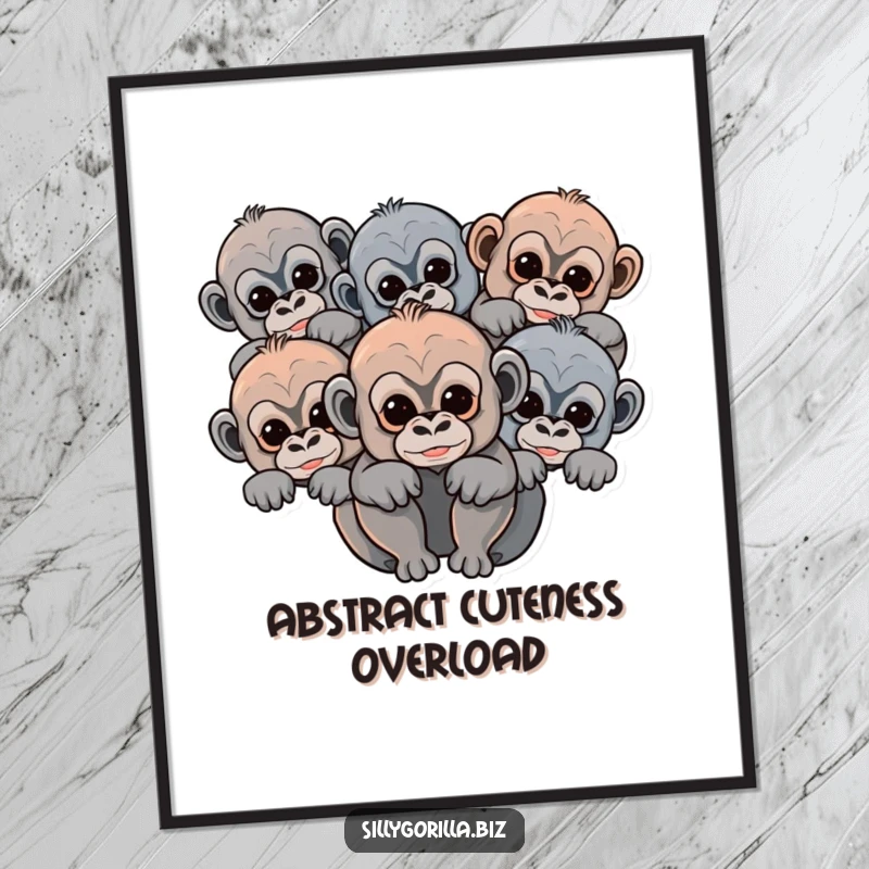 Funny baby gorilla digital art print with abstract rounded shapes of cute primates peeking, offering instant decorative charm.