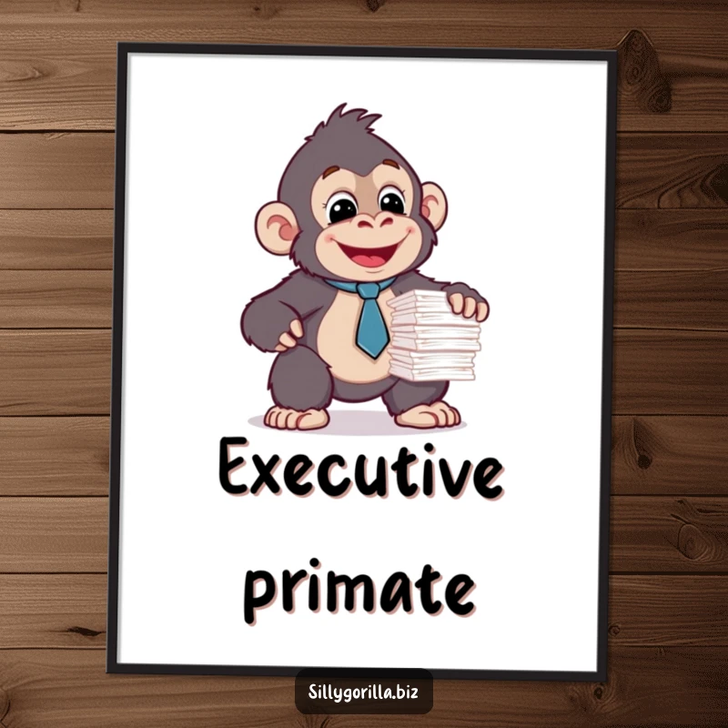 Funny digital art print of a happy gorilla wearing a tiny tie, balancing papers. Office humor.