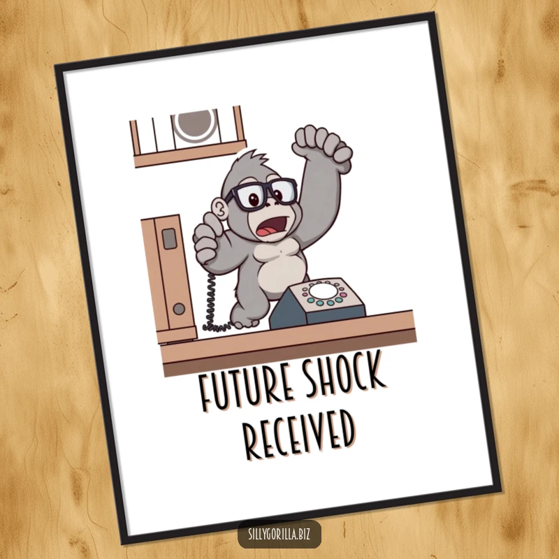 Funny gorilla with glasses, jumping away from a ringing desk phone, digital art print, humorous decor.