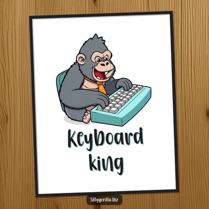 Funny digital art print of a stylized gorilla with a tiny tie, typing on a massive keyboard, offering humorous and whimsical wall decoration.