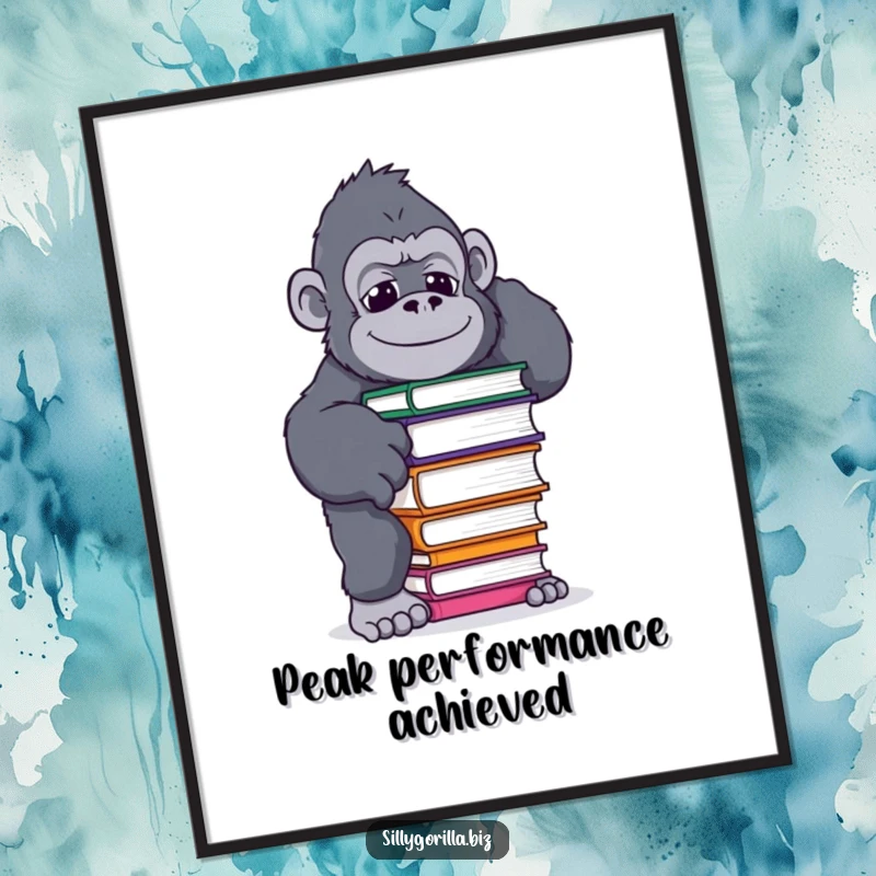 Funny digital art print of a gorilla in a funny pose trying to balance a coffee mug, offering instant humor and unique wall decor.