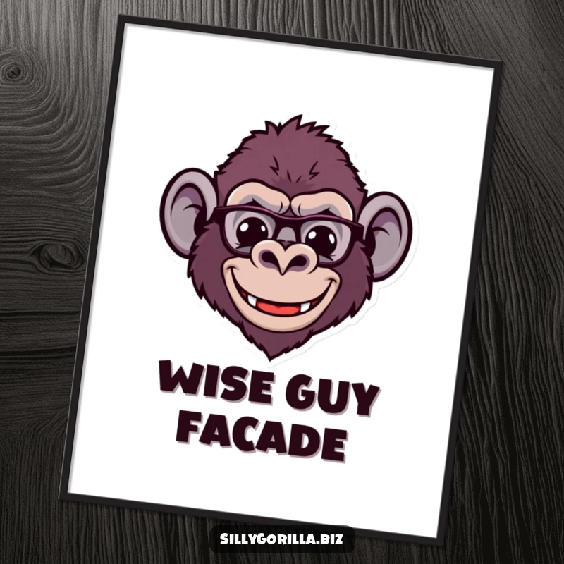 Funny digital art print of a stylized gorilla head with tiny spectacles and a wide smile, offering instant intelligent humor for walls.