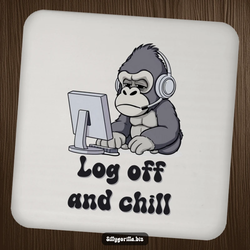 Funny confused gorilla wearing headset at computer, protecting surfaces on a drink coaster, office gift.
