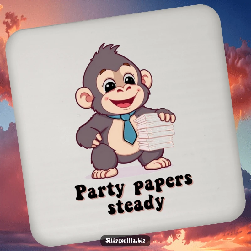 Funny coaster featuring a happy gorilla in a tie balancing papers. Office humor accessory.