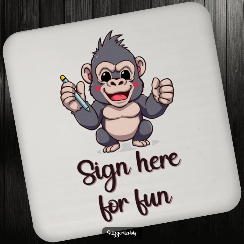 Funny drink coaster with an excited gorilla character holding a pen, ready to sign, protecting surfaces with enthusiastic humor.