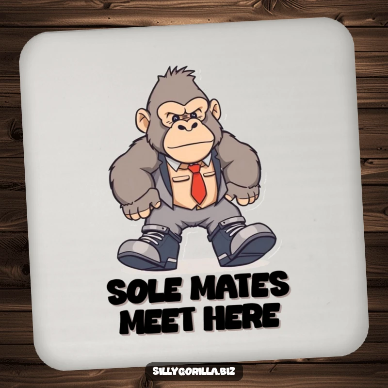 Funny gorilla drink coasters showing a character in oversized work shoes, humorously stomping around an office.