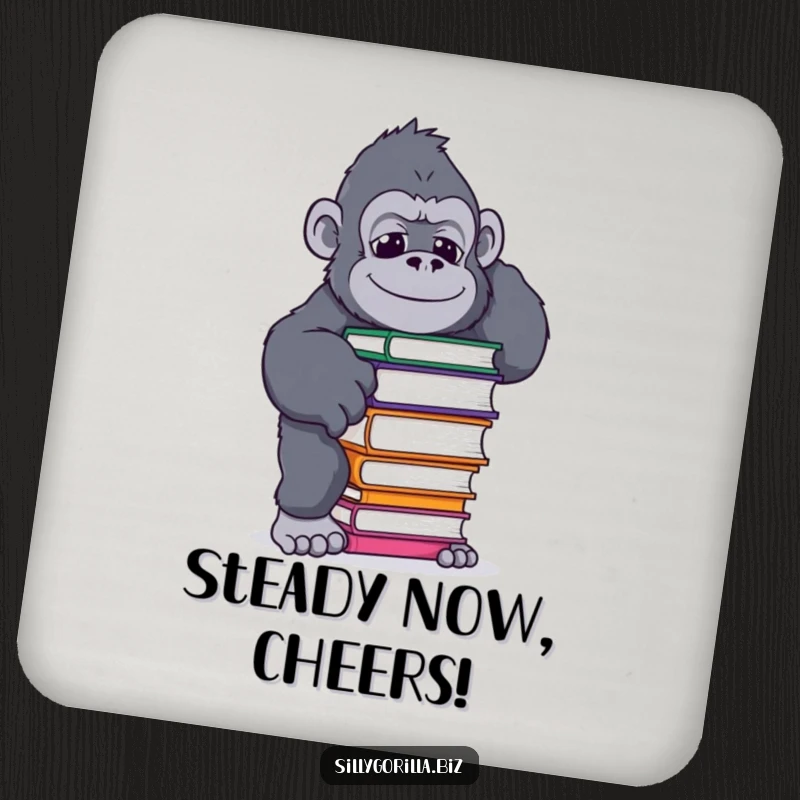 Funny drink coaster with a gorilla in a humorous pose balancing a coffee mug, protecting surfaces with a comical and memorable design.