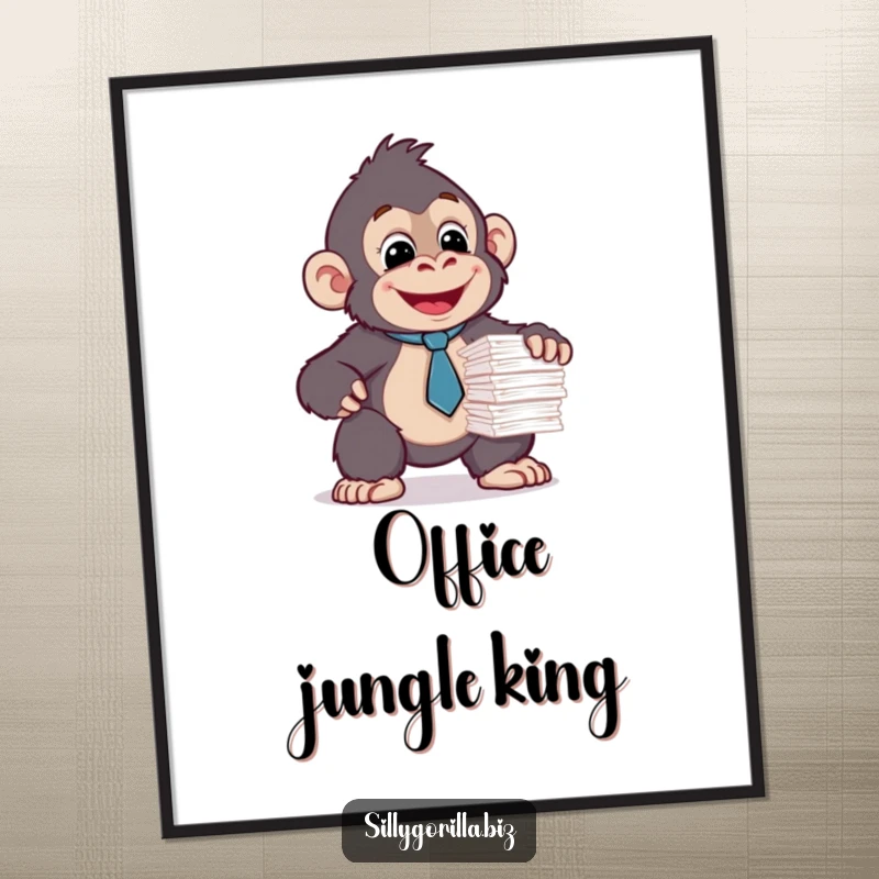 Funny art poster of a happy gorilla wearing a tiny tie, balancing a stack of papers. Office humor decor.