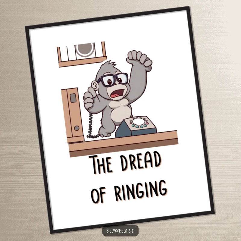 Funny gorilla with glasses, jumping away from a ringing desk phone, poster, humorous office decor.