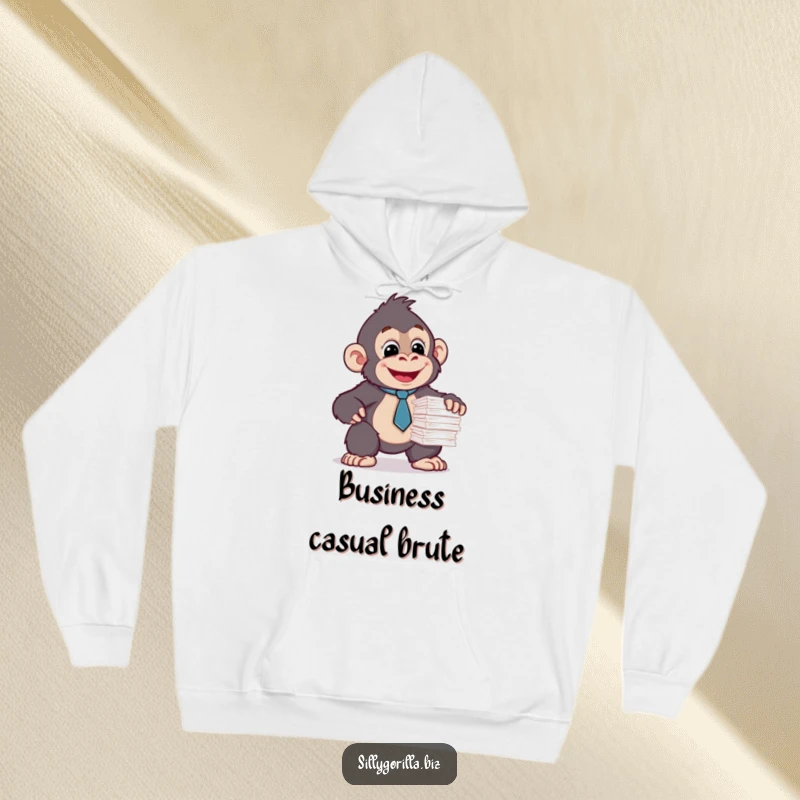 Funny, cozy hoodie of a happy gorilla wearing a tiny tie, attempting to balance a stack of papers. Office humor.