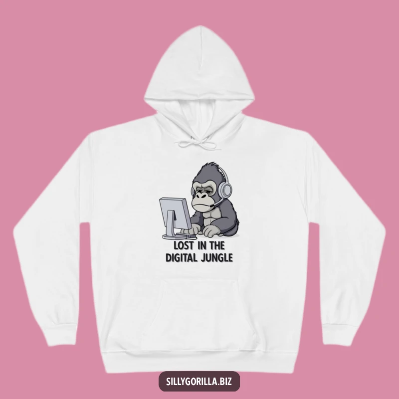 Funny Gorilla Office Hoodie - Confused Ape at Computer, Cozy Tech Humor Gift