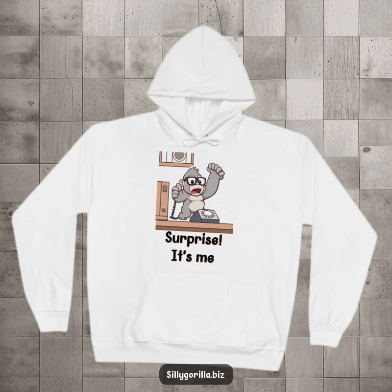 Funny gorilla in glasses, jumping from a ringing phone, cozy hoodie, office prank gift.