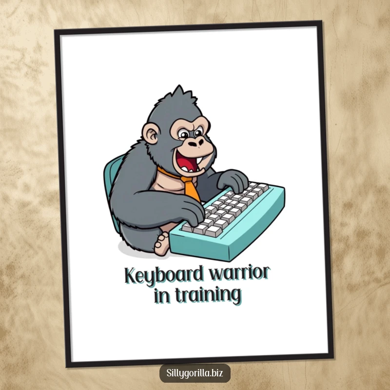 Funny Free Printable Wall Art: Stylized gorilla wearing a tiny tie excitedly typing on a massive keyboard.