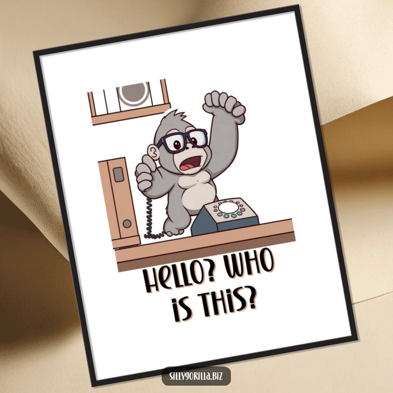 Funny Free Printable Wall Art: Surprised gorilla in glasses jumping from a ringing desk phone. Quirky art.