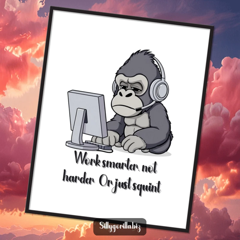 Funny Free Printable Wall Art: Confused gorilla squinting at computer screen, perfect for home office decor.