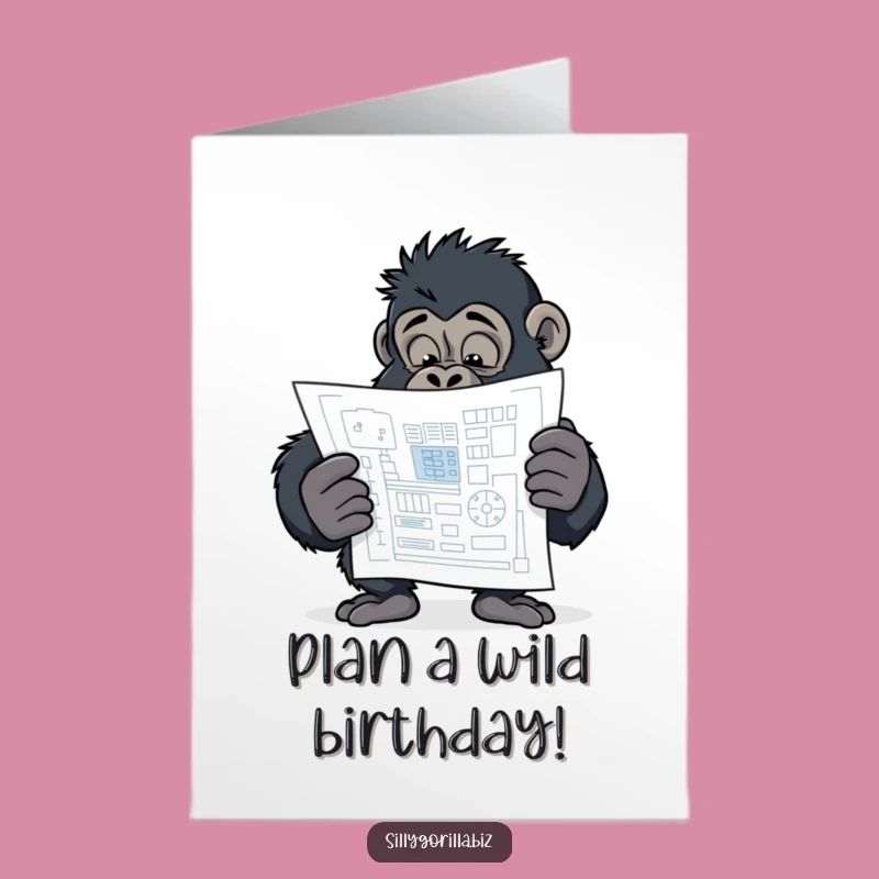 Free Printable Birthday Card: Gorilla Examining Blueprint, Quirky Joke Gift Idea