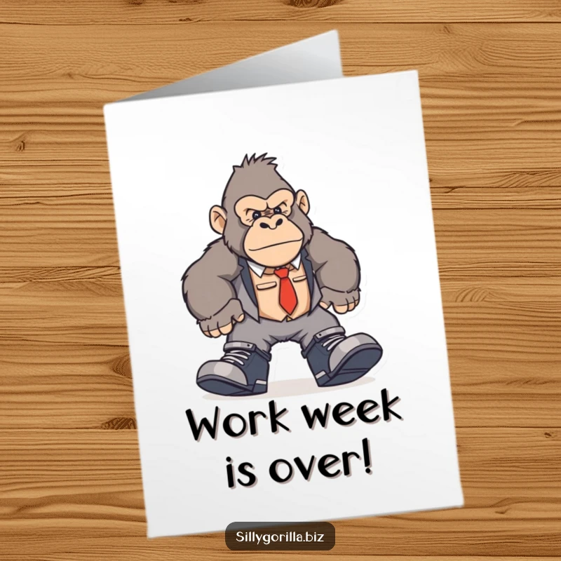 Funny Free Printable Gorilla Birthday Card showing a gorilla in oversized shoes comically stomping through an office.