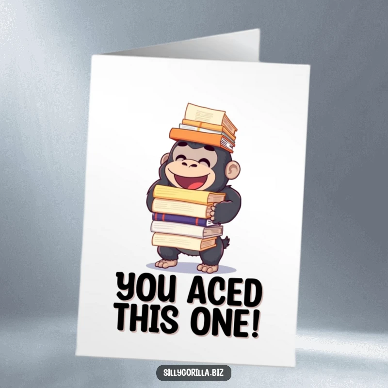Funny Free Printable Congrats Card: A happy gorilla character attempts to balance a large stack of reports.