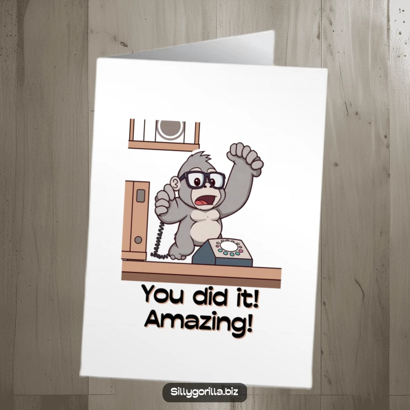 Funny Free Printable Congratulations Card: Gorilla wearing glasses startled by ringing phone, perfect for surprise news.