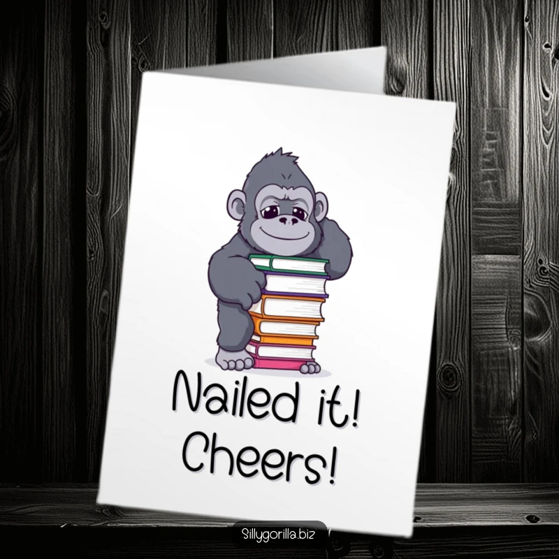 Funny Free Printable congratulations card with a gorilla in a precarious, funny pose trying to balance a coffee mug, celebrating a wobbly success.