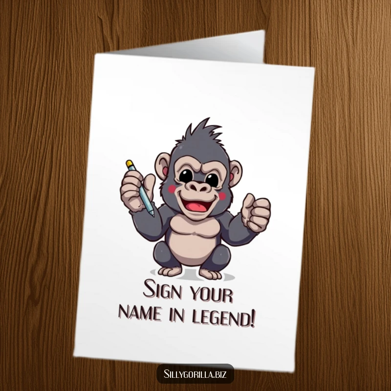 Funny Free Printable congratulations card with an excited gorilla holding a pen, poised and ready to sign important documents.