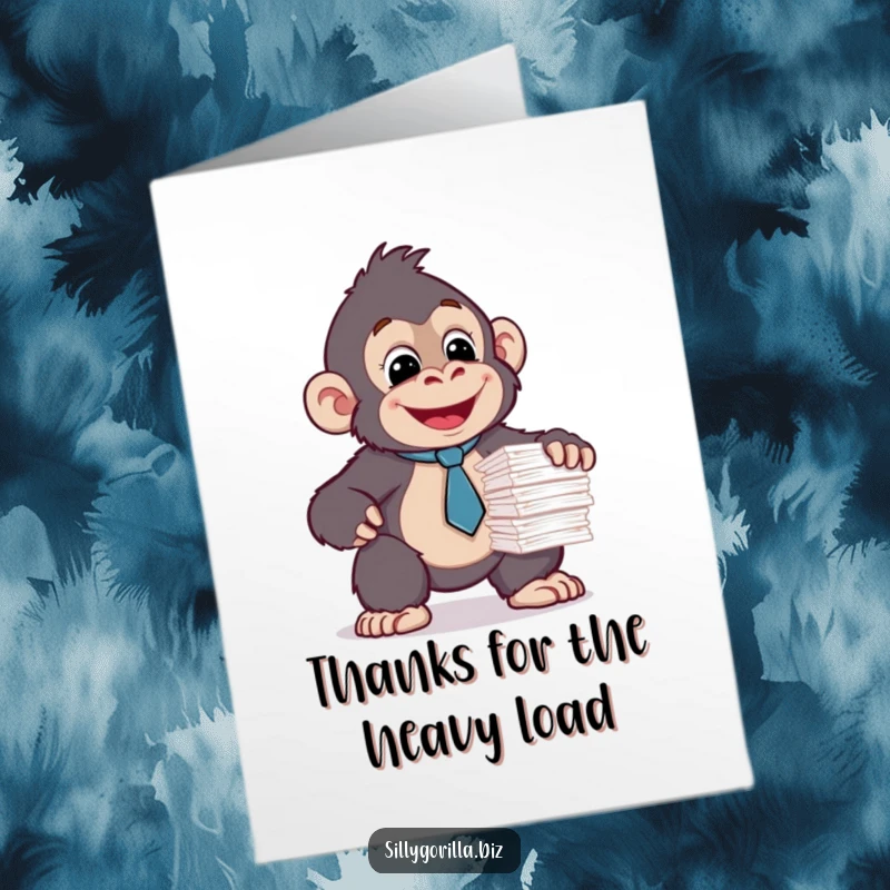 Free Printable thank you card of a happy gorilla wearing a tiny tie, struggling to balance a stack of papers, conveying thanks.