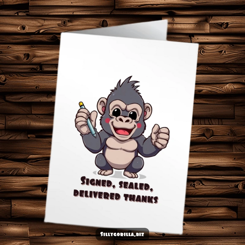Funny Free Printable thank you card featuring an excited gorilla character holding a pen, ready to sign and seal your appreciation.