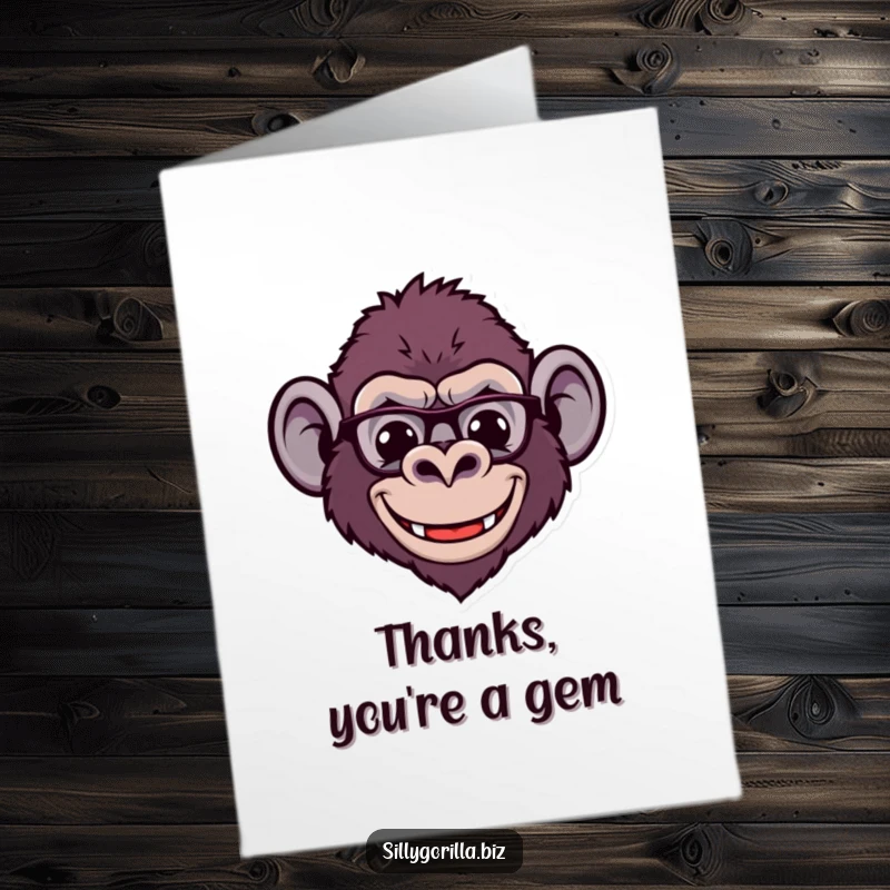 Funny Free Printable thank you card featuring a stylized gorilla head wearing tiny spectacles and a very wide, comical smile.
