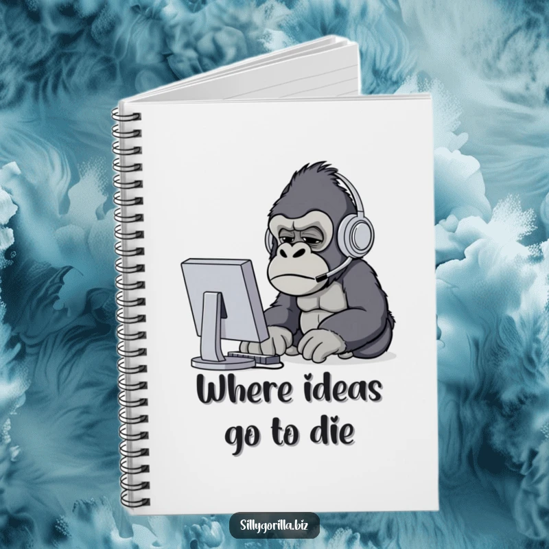 Funny gorilla wearing headset, squinting at computer, used in a notebook for jotting ideas, office gift.