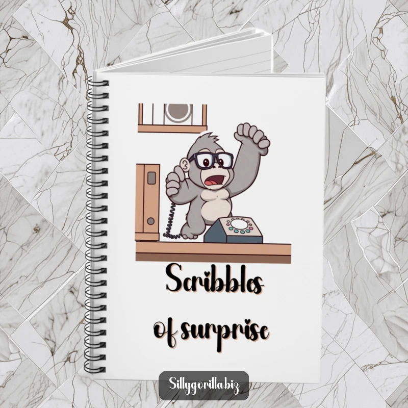 Funny gorilla wearing glasses, jumping from a ringing phone, notebook for jotting ideas, office gift.