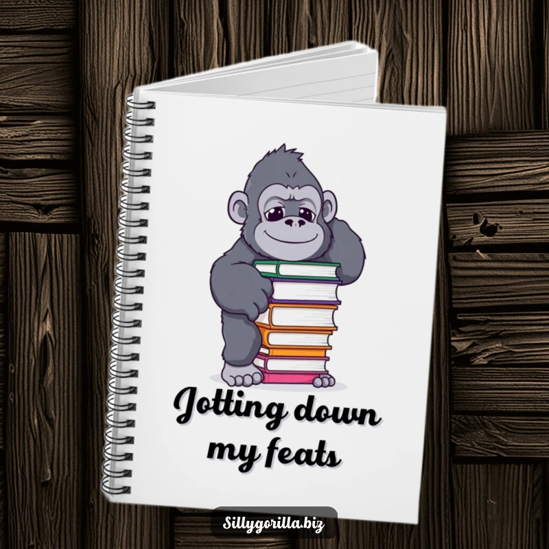 Funny notebook with a gorilla in a humorous pose balancing a coffee mug, ideal for jotting down notes with a playful touch.