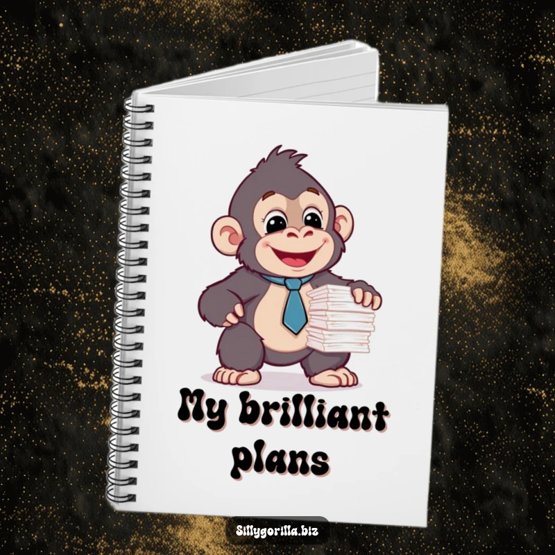 Funny notebook featuring a happy gorilla in a tie struggling with papers. Office humor journal.